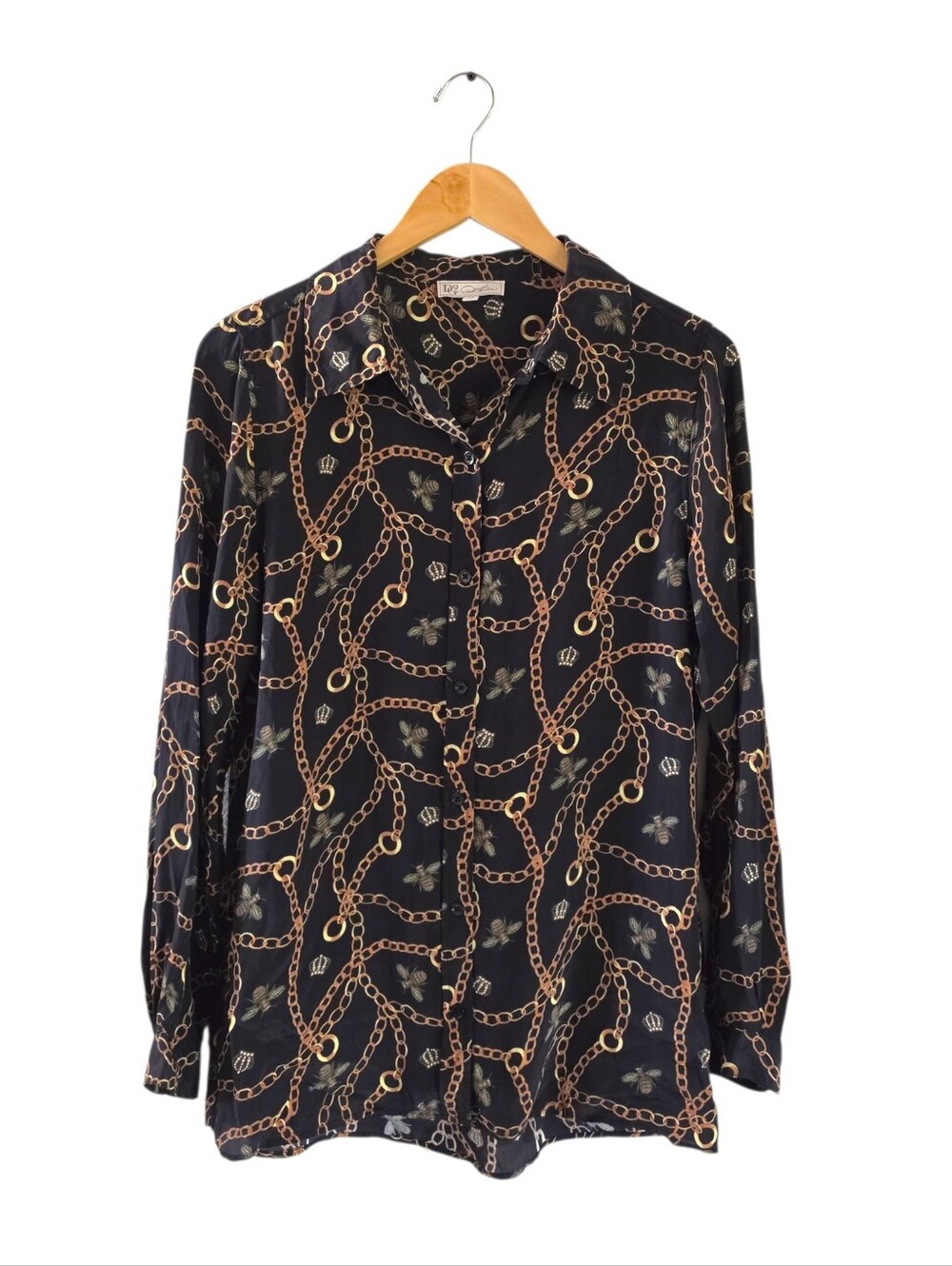 DG2 Diane Gilman Silk Blend Blouse Office Shirt Old Money Top Sz M Chains Bee